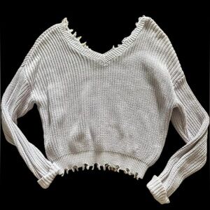 Jessica Simpson Distressed V-Neck Cropped Cotton Sweater, Lavender/Gray, size S